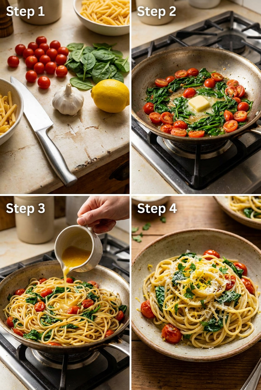 how to make 15-Minute Lemon Garlic Butter Pasta with Spinach & Cherry Tomatoes step by step