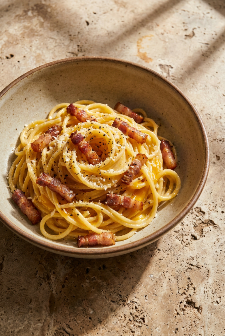 authentic roman carbonara recipe - Authentic Roman Carbonara served in a white bowl overhead view