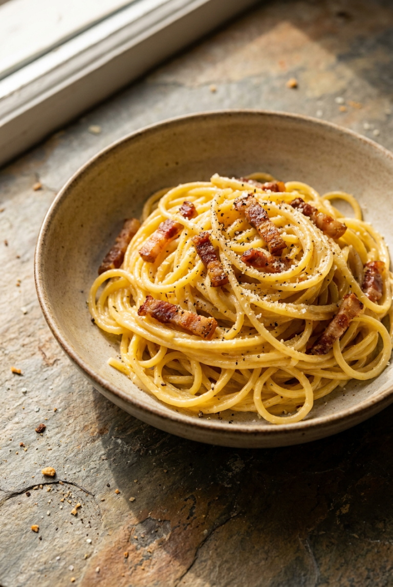 authentic spaghetti carbonara alla romana recipe - Authentic Spaghetti Carbonara alla Romana served in a white bowl overhead view