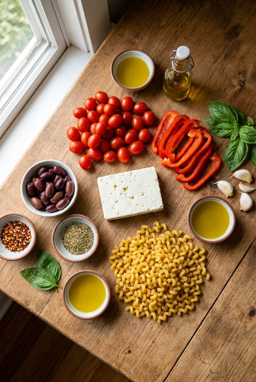 ingredients for Baked Feta Pasta with Roasted Red Peppers and Olives