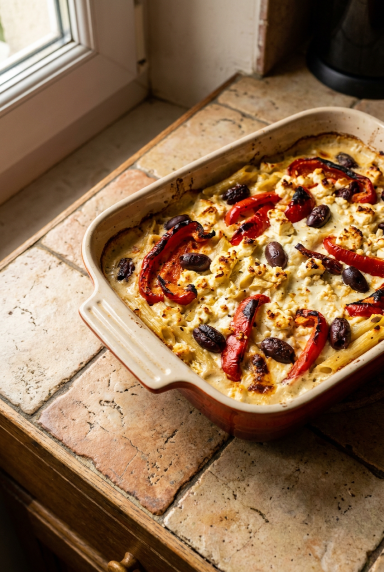 baked feta pasta with roasted red peppers and olives recipe - Baked Feta Pasta with Roasted Red Peppers and Olives served in a white bowl overhead view