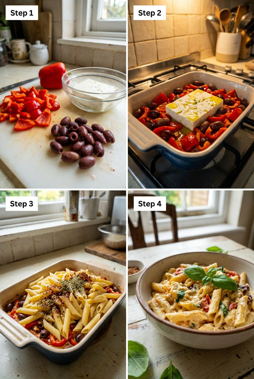 how to make Baked Feta Pasta with Roasted Red Peppers and Olives step by step