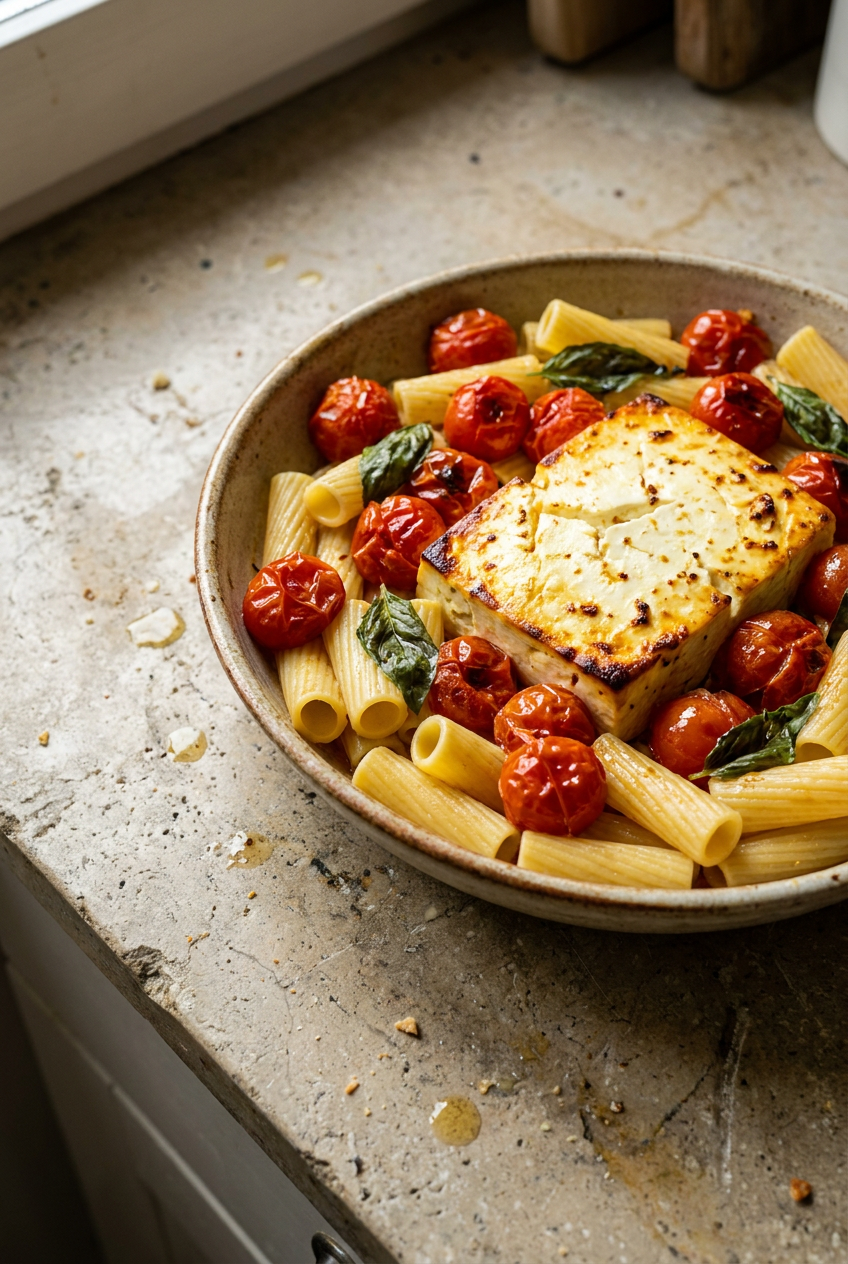 baked feta tomato pasta recipe - Baked Feta Tomato Pasta served in a white bowl overhead view
