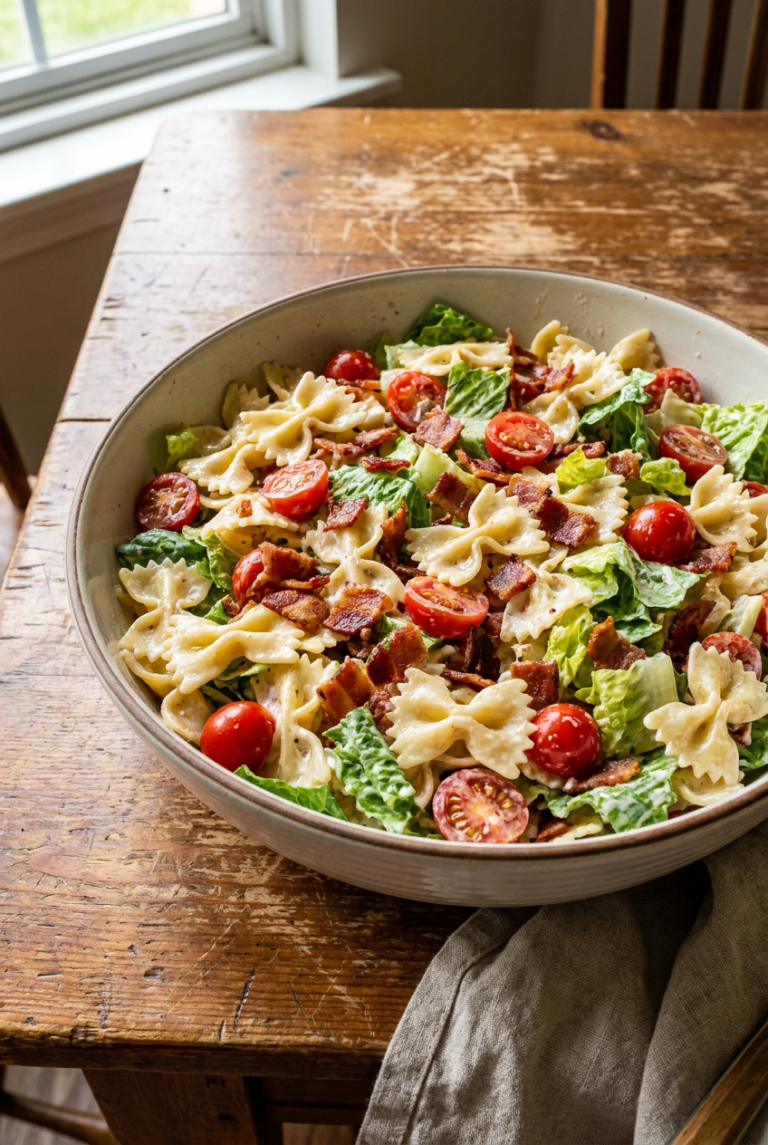 blt pasta salad recipe - BLT Pasta Salad served in a white bowl overhead view