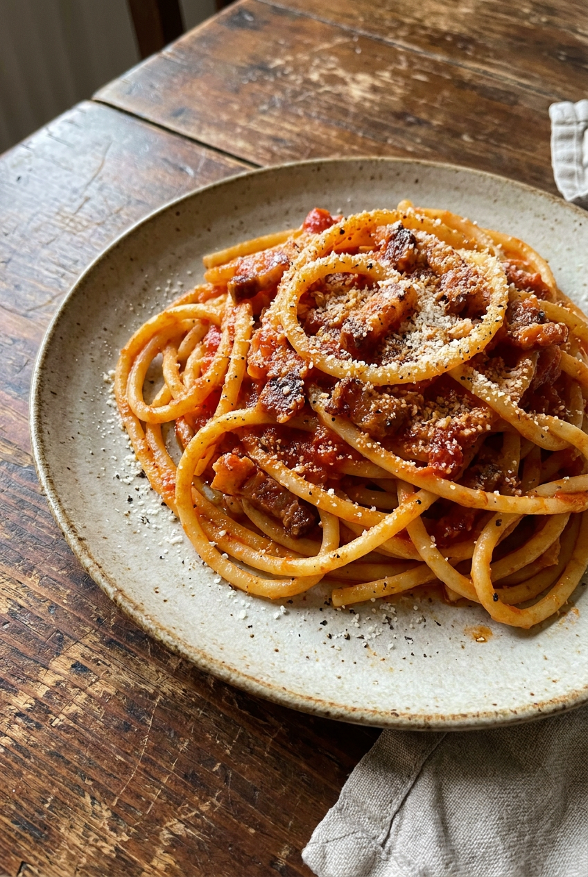 bucatini all'amatriciana recipe - Bucatini all'Amatriciana served in a white bowl overhead view