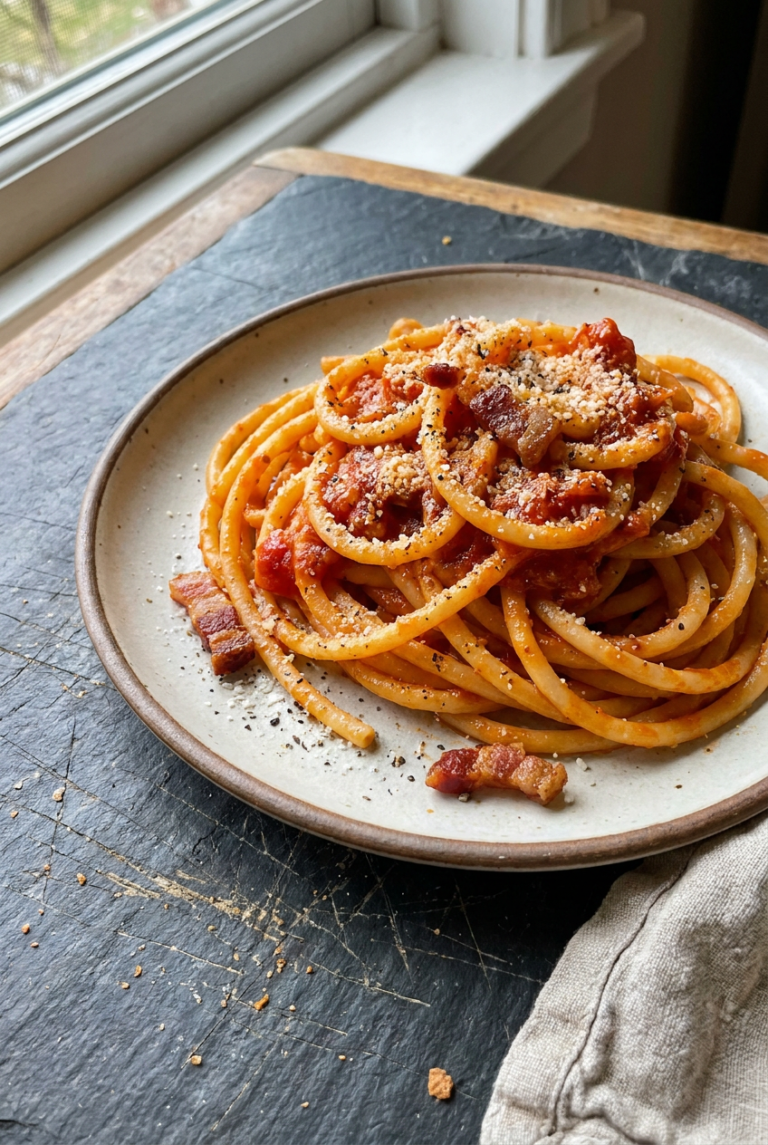bucatini all'amatriciana recipe - Bucatini all'Amatriciana served in a white bowl overhead view