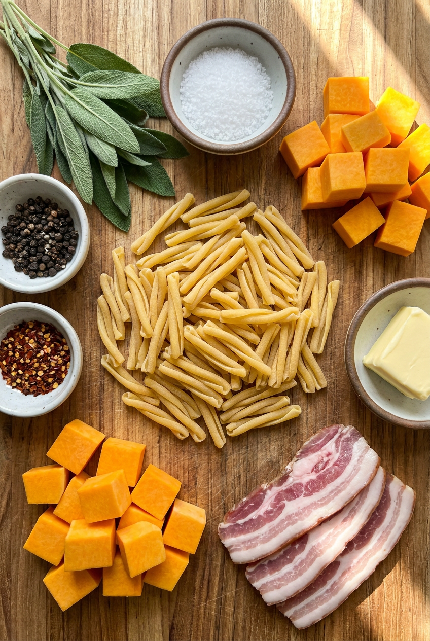 ingredients for Casarecce with Roasted Butternut Squash, Sage Brown Butter, and Crispy Pancetta