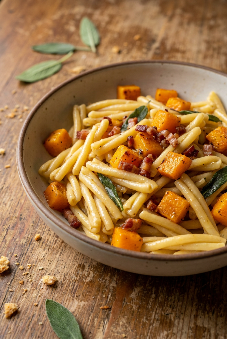 casarecce with roasted butternut squash, sage brown butter, and crispy pancetta recipe - Casarecce with Roasted Butternut Squash, Sage Brown Butter, and Crispy Pancetta served in a white bowl overhead view