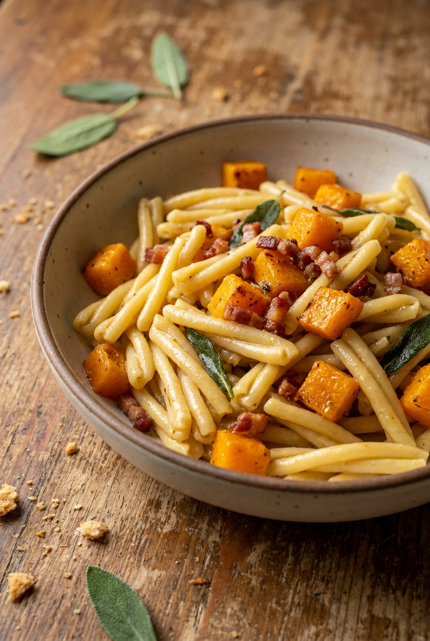 Casarecce with Roasted Butternut Squash, Sage Brown Butter, and Crispy Pancetta