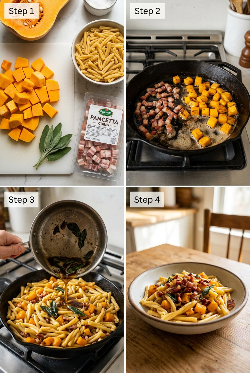 how to make Casarecce with Roasted Butternut Squash, Sage Brown Butter, and Crispy Pancetta step by step