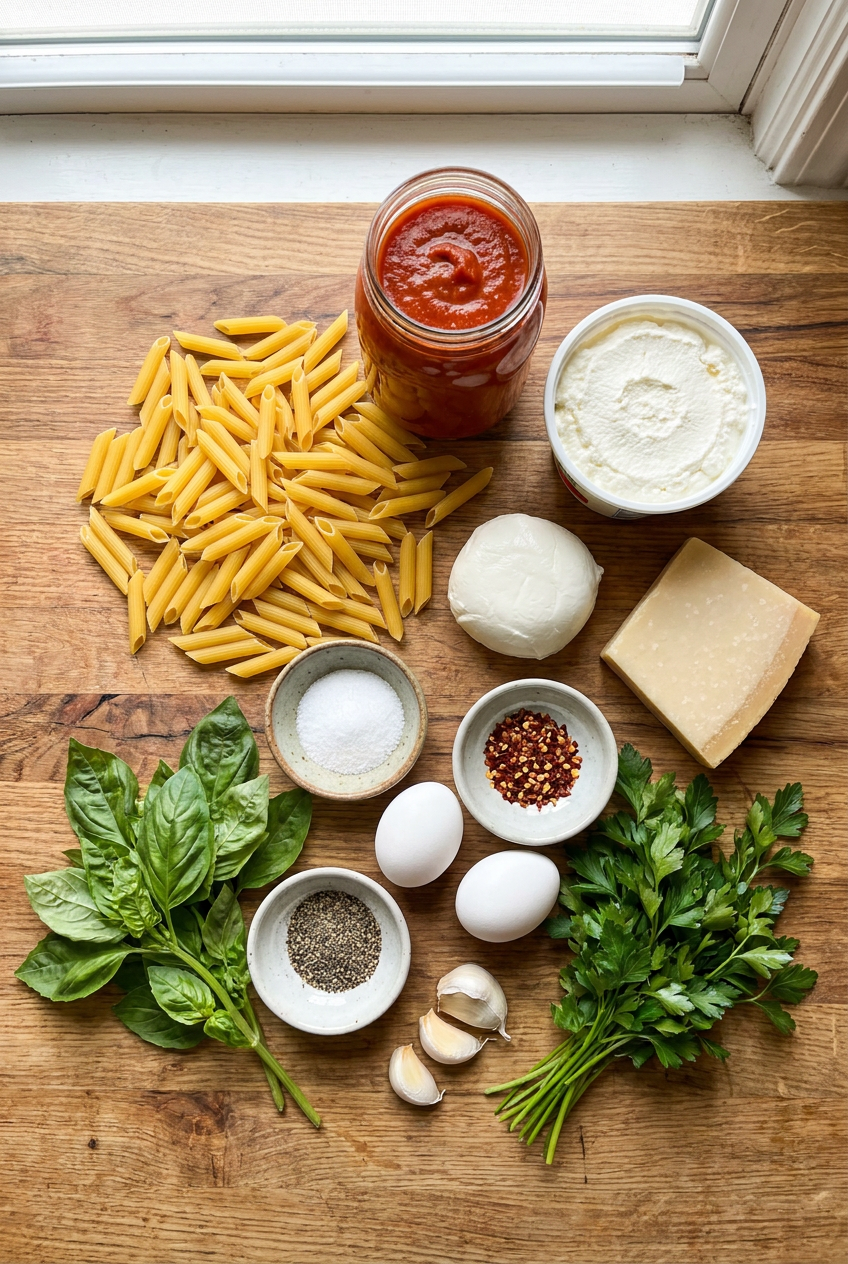 ingredients for Cheesy Baked Penne with Ricotta and Mozzarella