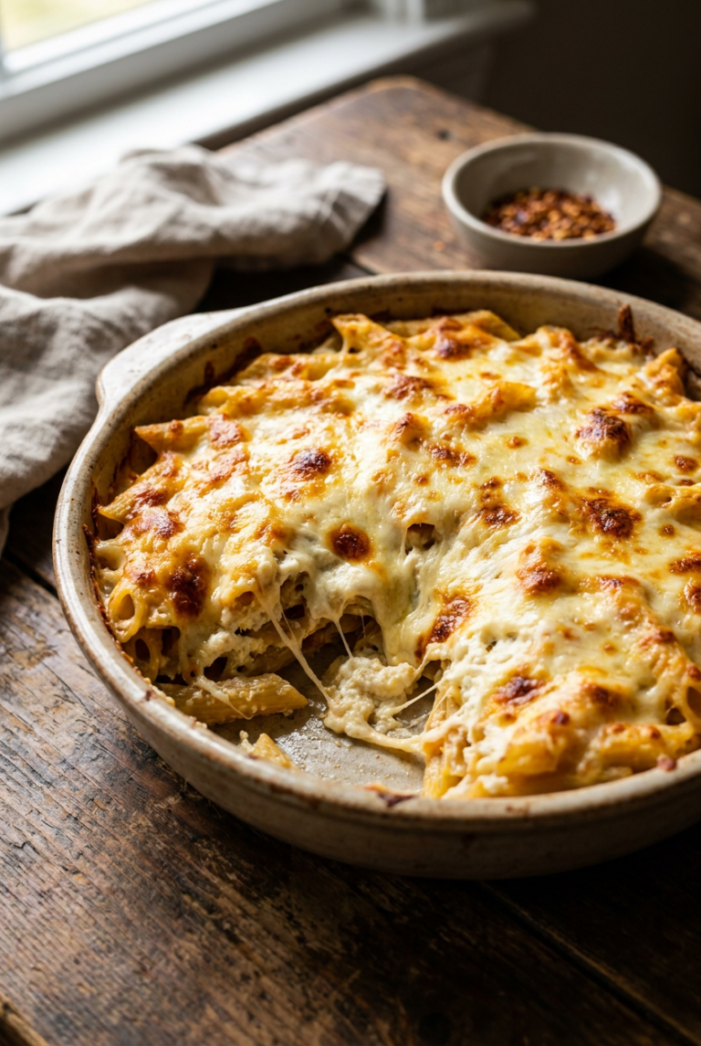 cheesy baked penne with ricotta and mozzarella recipe - Cheesy Baked Penne with Ricotta and Mozzarella served in a white bowl overhead view