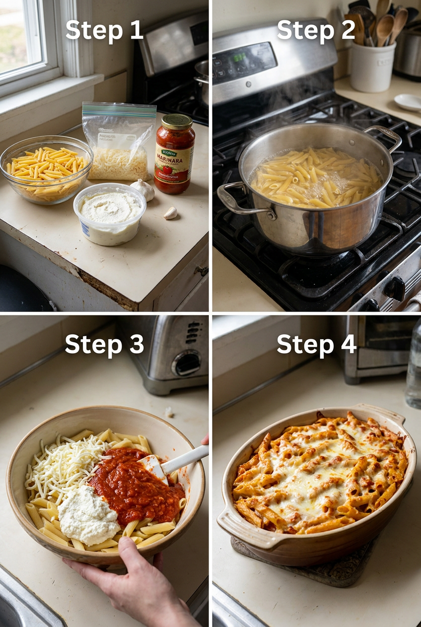 how to make Cheesy Baked Penne with Ricotta and Mozzarella step by step