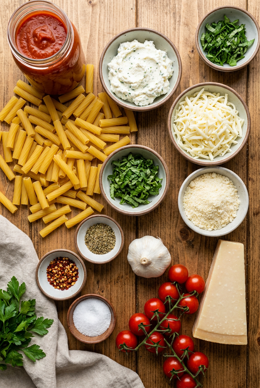 ingredients for Cheesy Baked Ziti with Herbed Ricotta