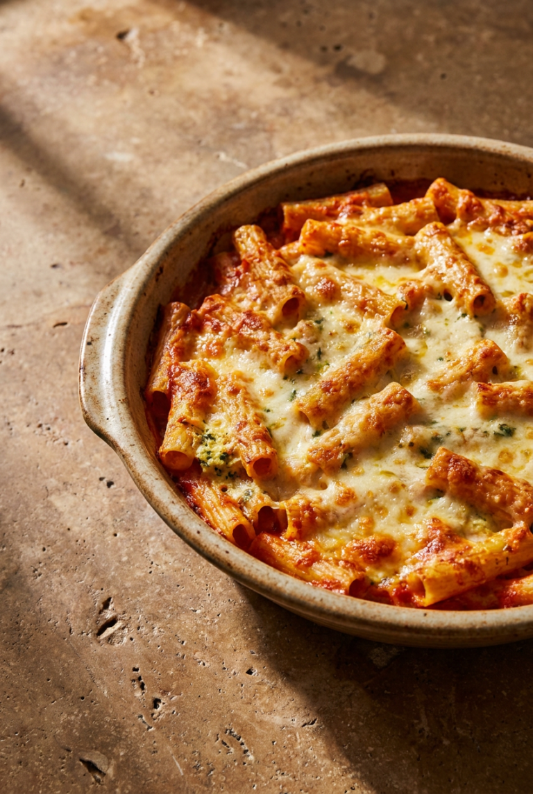 cheesy baked ziti with herbed ricotta recipe - Cheesy Baked Ziti with Herbed Ricotta served in a white bowl overhead view