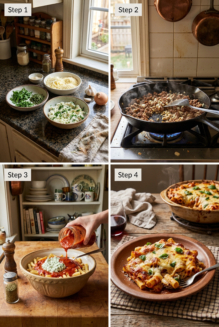 how to make Cheesy Baked Ziti with Herbed Ricotta step by step