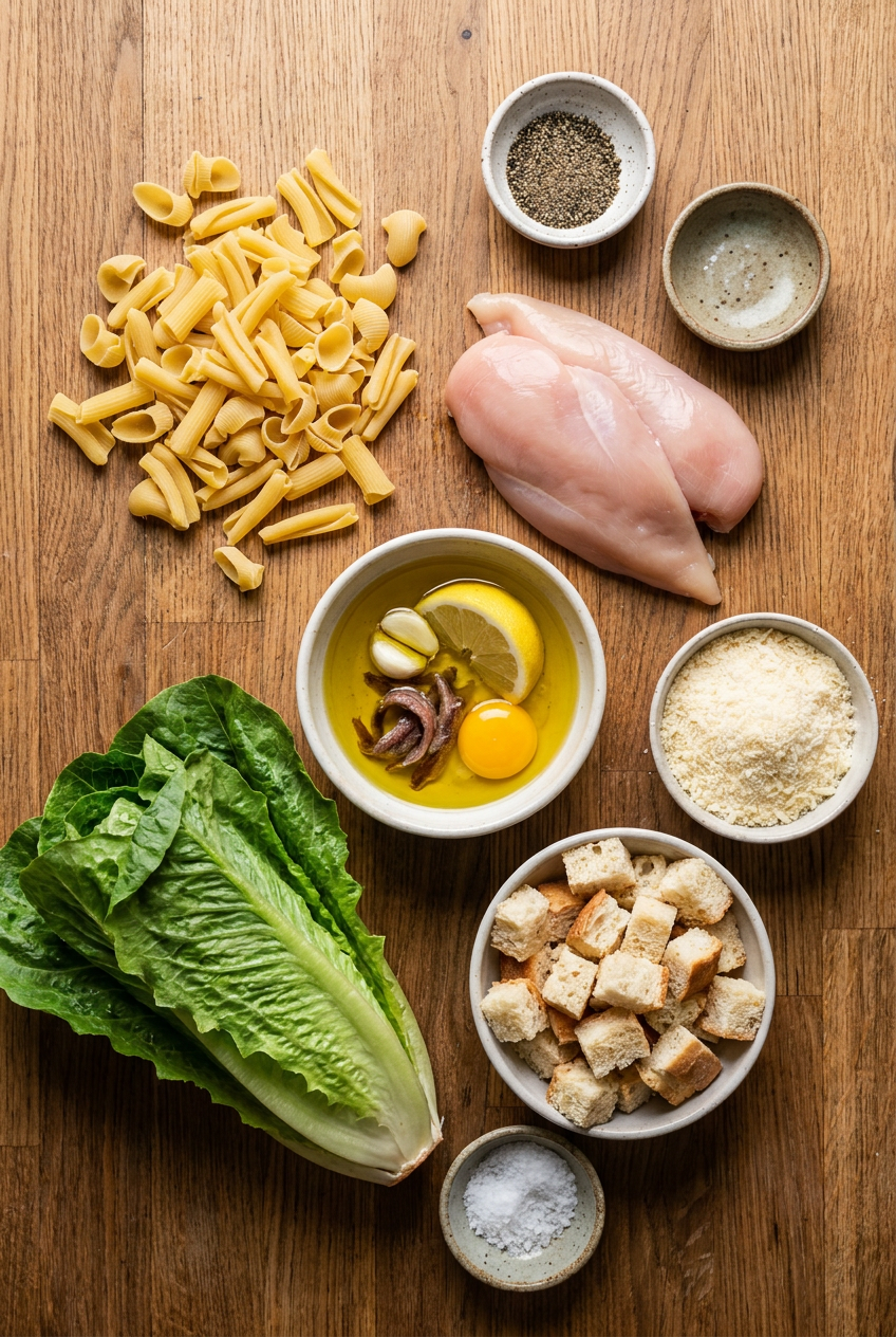 ingredients for Chicken Caesar Pasta Salad