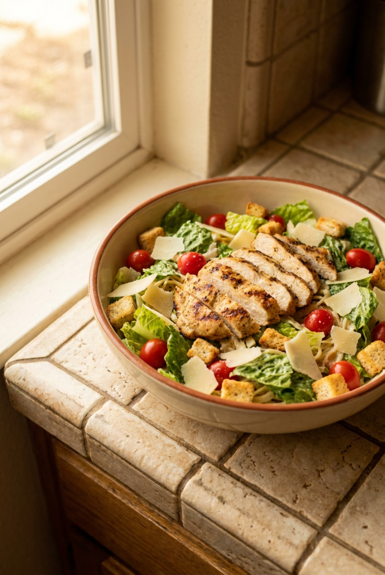 chicken caesar pasta salad recipe - Chicken Caesar Pasta Salad served in a white bowl overhead view