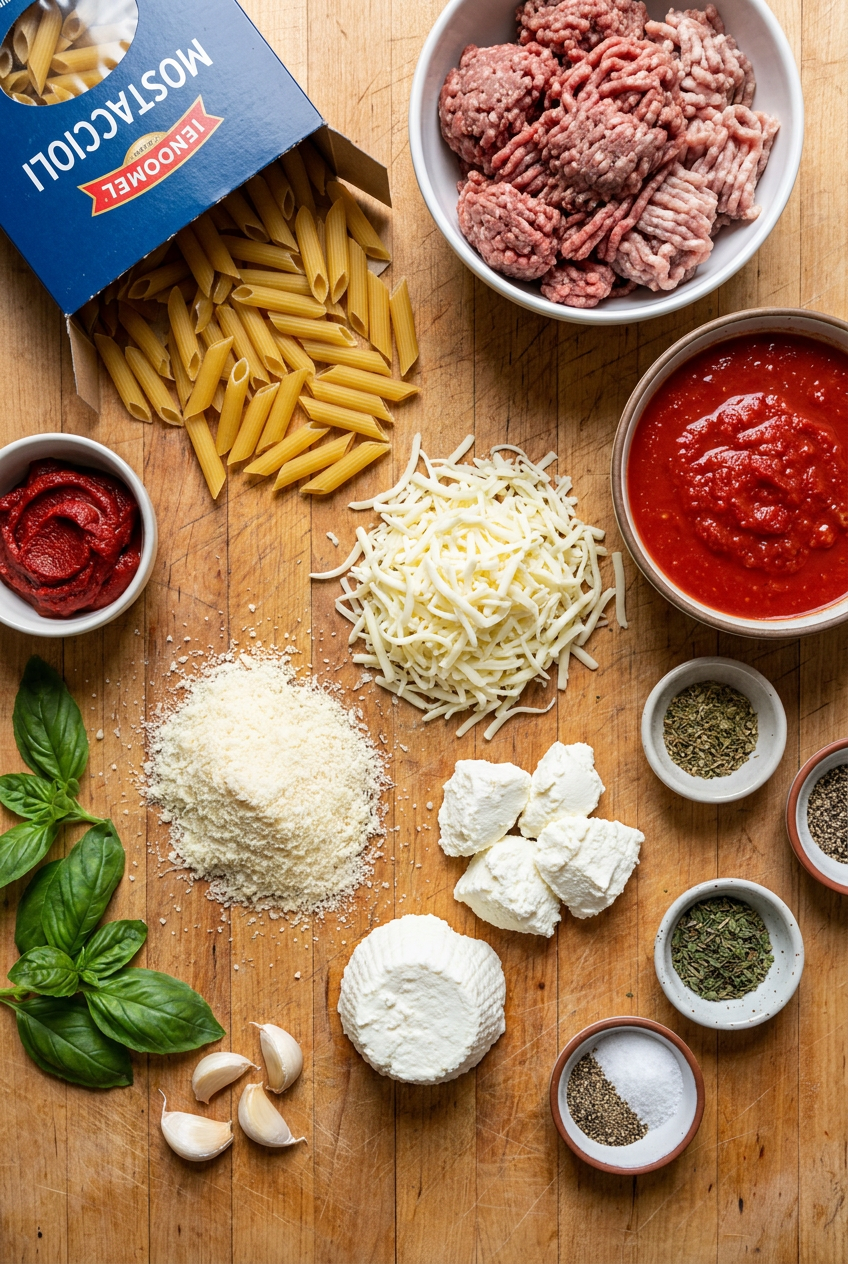 ingredients for Classic Baked Mostaccioli with Three Cheeses and Hearty Meat Sauce