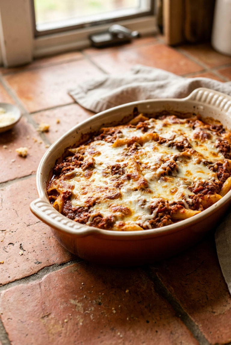 classic baked mostaccioli with three cheeses and hearty meat sauce recipe - Classic Baked Mostaccioli with Three Cheeses and Hearty Meat Sauce served in a white bowl overhead view