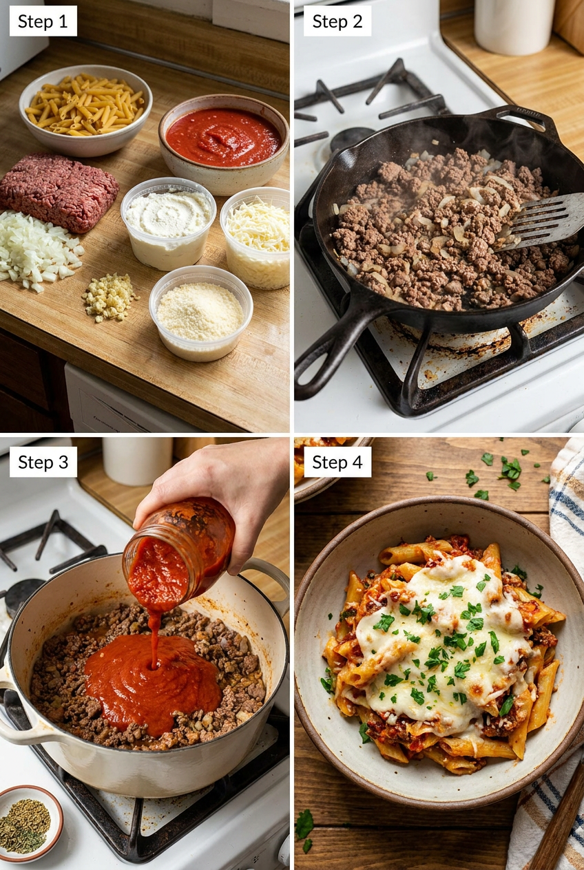 how to make Classic Baked Mostaccioli with Three Cheeses and Hearty Meat Sauce step by step