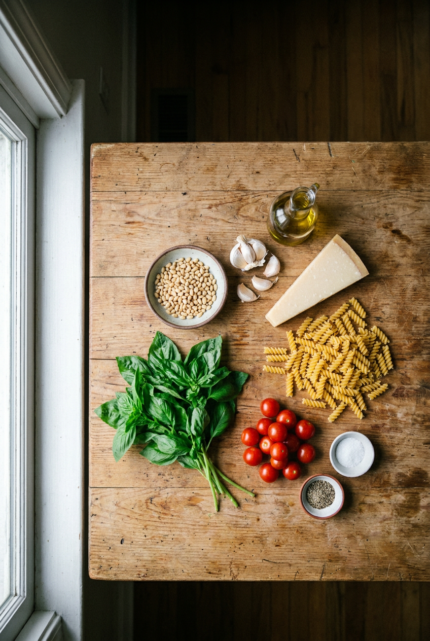 ingredients for Classic Basil Pesto Pasta Salad