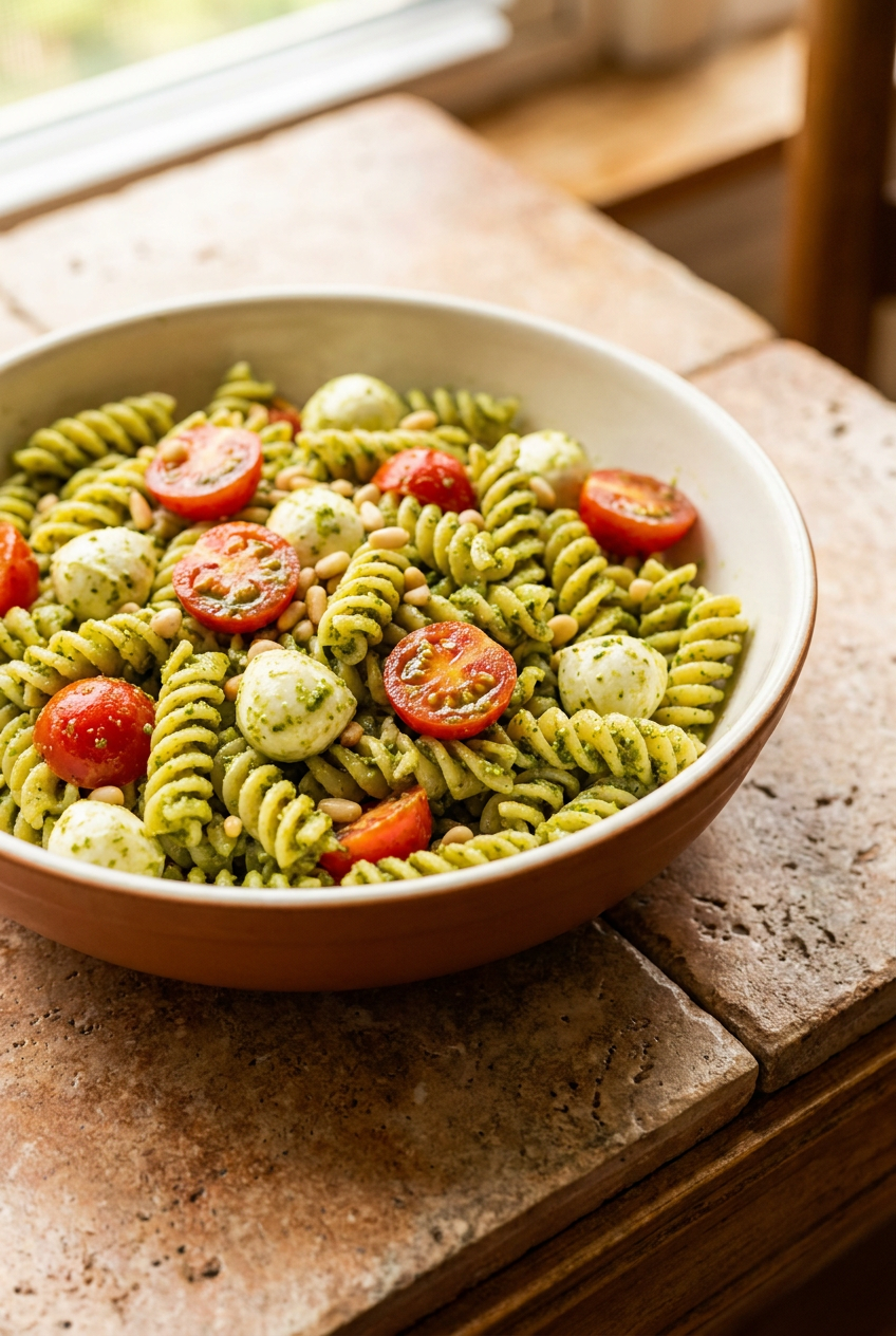 classic basil pesto pasta salad recipe - Classic Basil Pesto Pasta Salad served in a white bowl overhead view