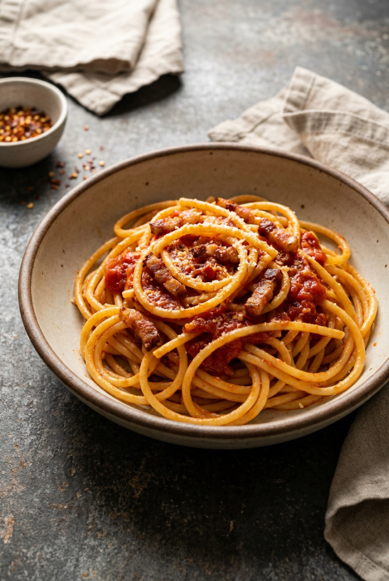 classic bucatini all'amatriciana recipe - Classic Bucatini all'Amatriciana served in a white bowl overhead view
