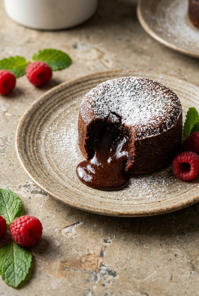 classic chocolate lava cake recipe - Classic Chocolate Lava Cake served in a white bowl overhead view
