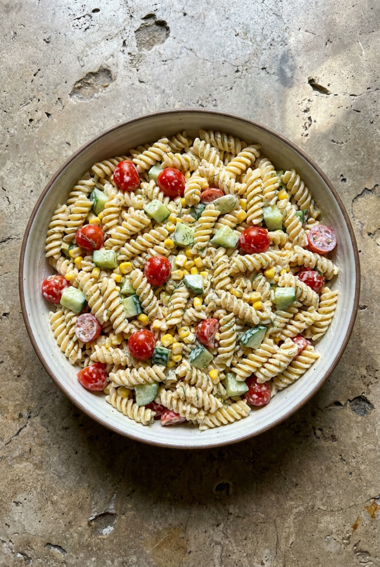 classic cool ranch pasta salad recipe - Classic Cool Ranch Pasta Salad served in a white bowl overhead view