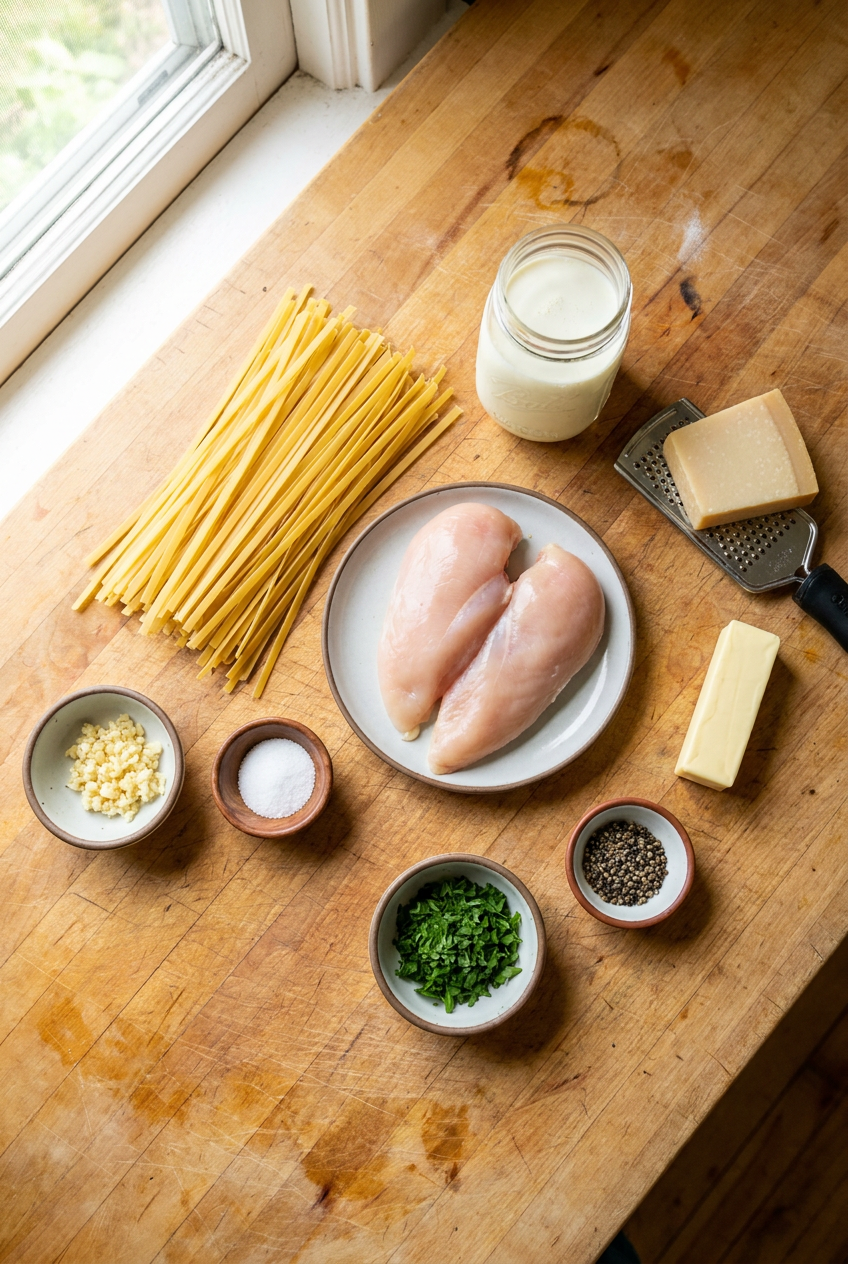ingredients for Classic Creamy Chicken Alfredo Pasta