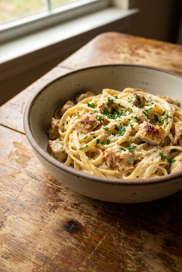 classic creamy chicken alfredo pasta recipe - Classic Creamy Chicken Alfredo Pasta served in a white bowl overhead view