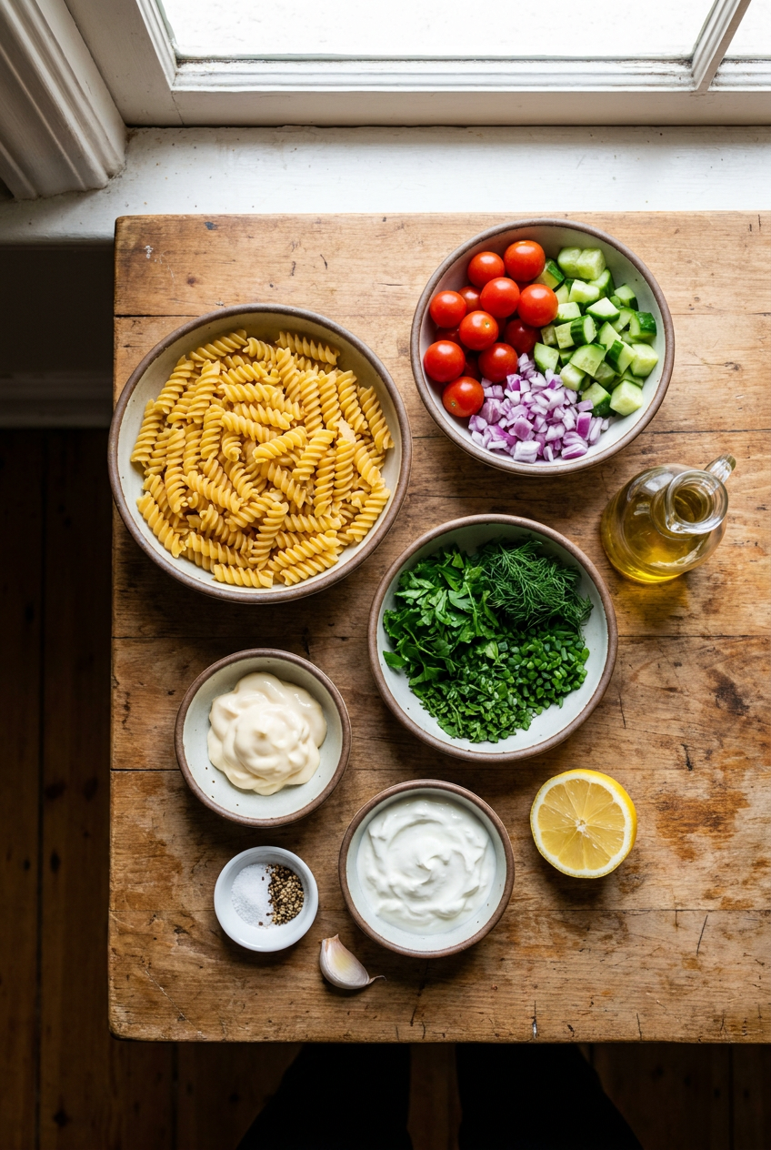 ingredients for Classic Creamy Herb Pasta Salad