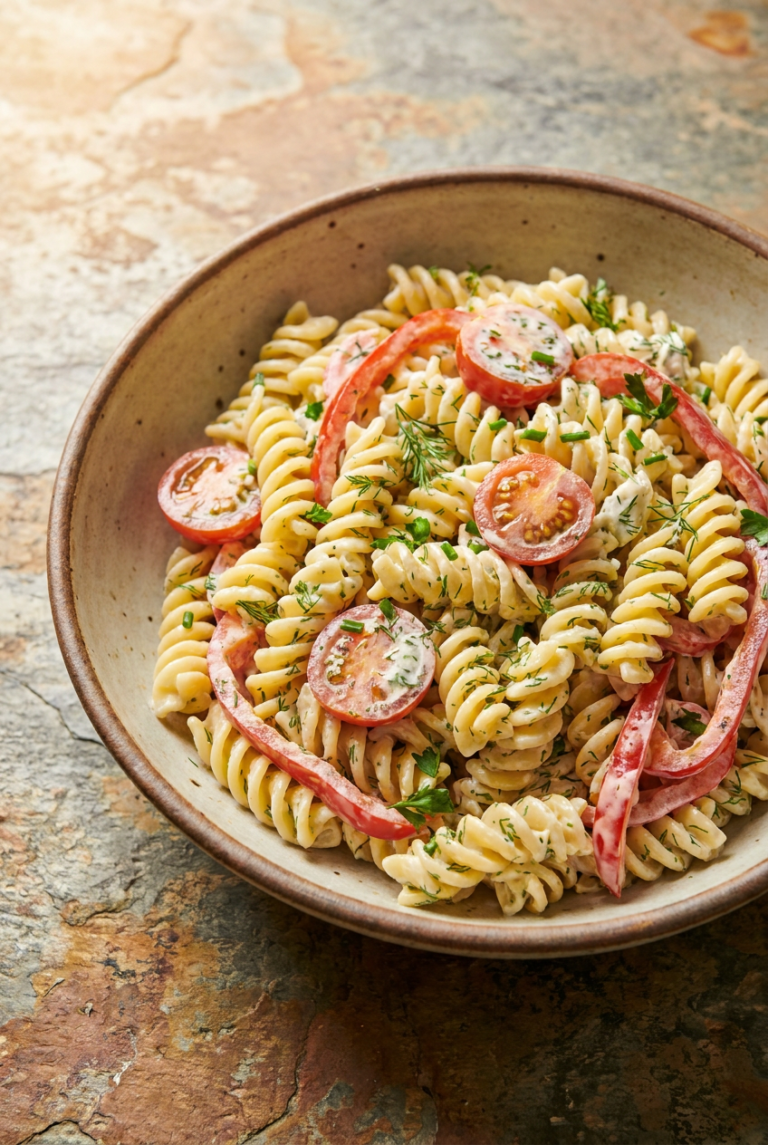 classic creamy herb pasta salad recipe - Classic Creamy Herb Pasta Salad served in a white bowl overhead view