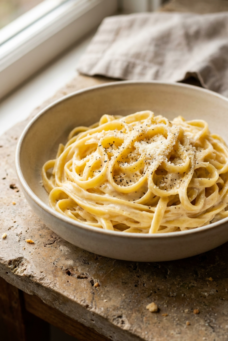 classic fettuccine alfredo recipe - Classic Fettuccine Alfredo served in a white bowl overhead view