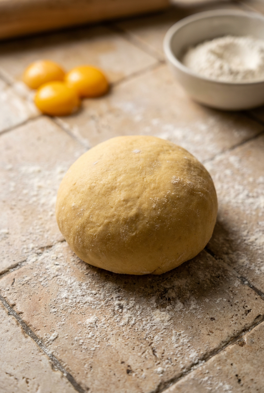 classic homemade egg pasta dough recipe - Classic Homemade Egg Pasta Dough served in a white bowl overhead view