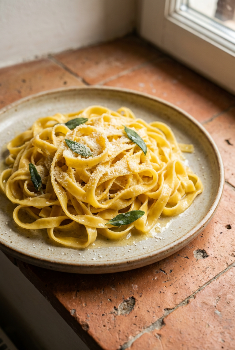 classic homemade egg pasta recipe - Classic Homemade Egg Pasta served in a white bowl overhead view