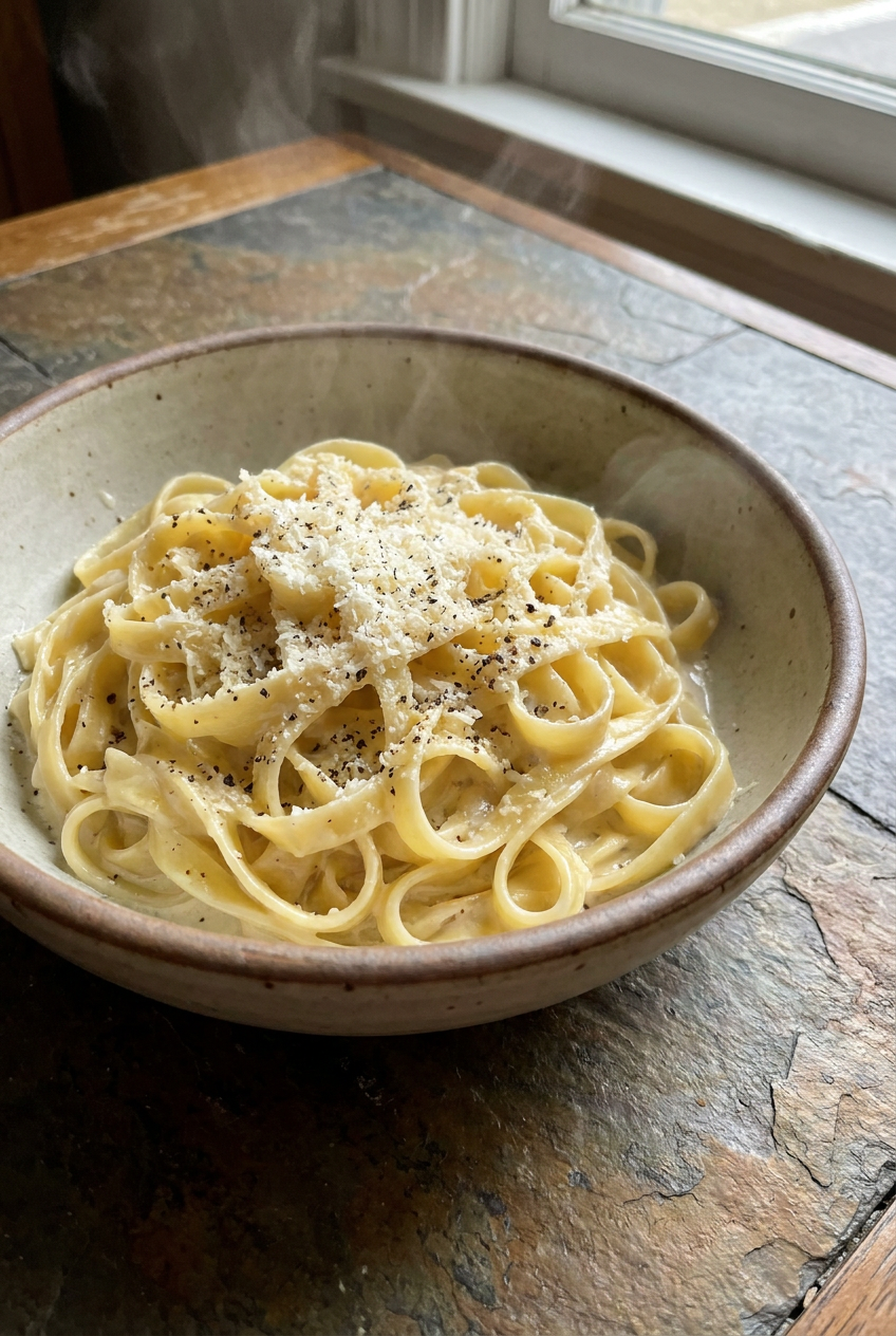 classic homemade fettuccine alfredo recipe - Classic Homemade Fettuccine Alfredo served in a white bowl overhead view