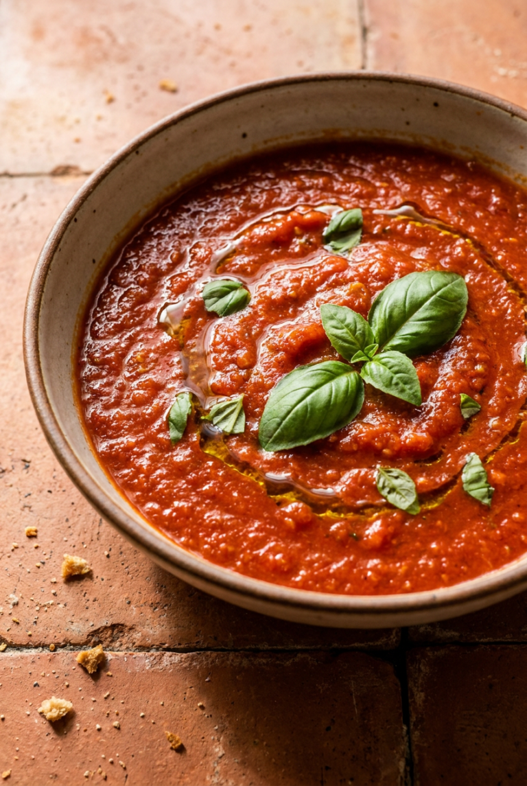 classic italian marinara sauce recipe - Classic Italian Marinara Sauce served in a white bowl overhead view