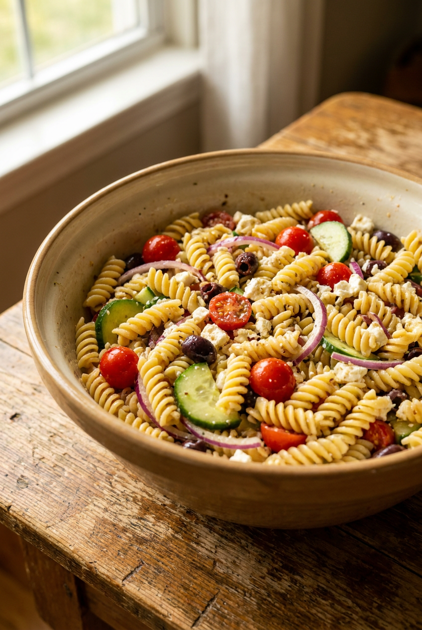 classic italian pasta salad recipe - Classic Italian Pasta Salad served in a white bowl overhead view