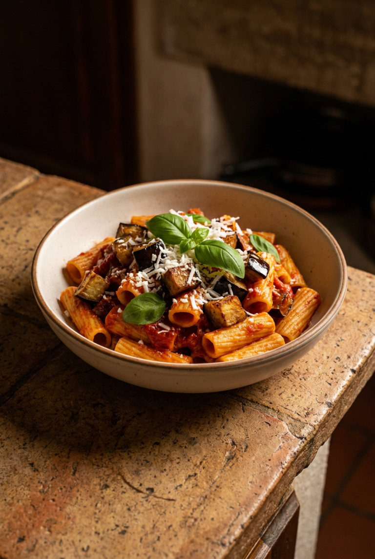 classic pasta alla norma recipe - Classic Pasta alla Norma served in a white bowl overhead view