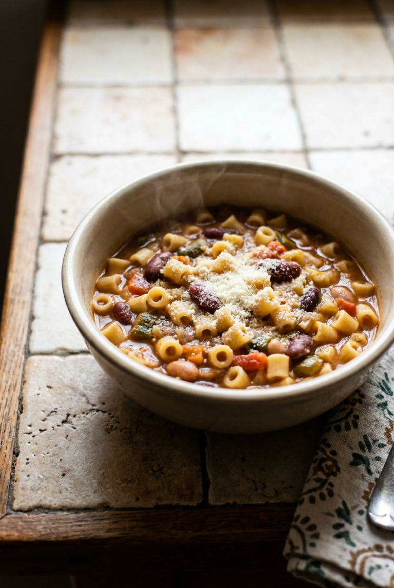 classic pasta e fagioli soup recipe - Classic Pasta e Fagioli Soup served in a white bowl overhead view