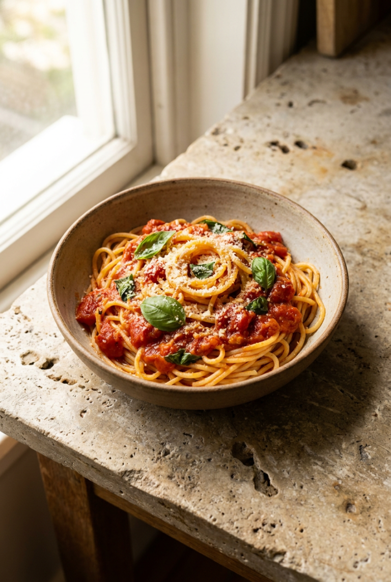 classic pasta pomodoro recipe - Classic Pasta Pomodoro served in a white bowl overhead view
