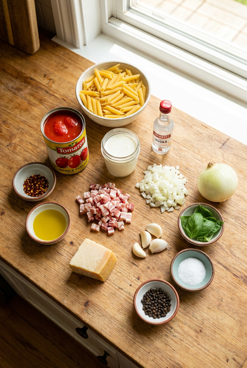 ingredients for Classic Penne alla Vodka with Pancetta