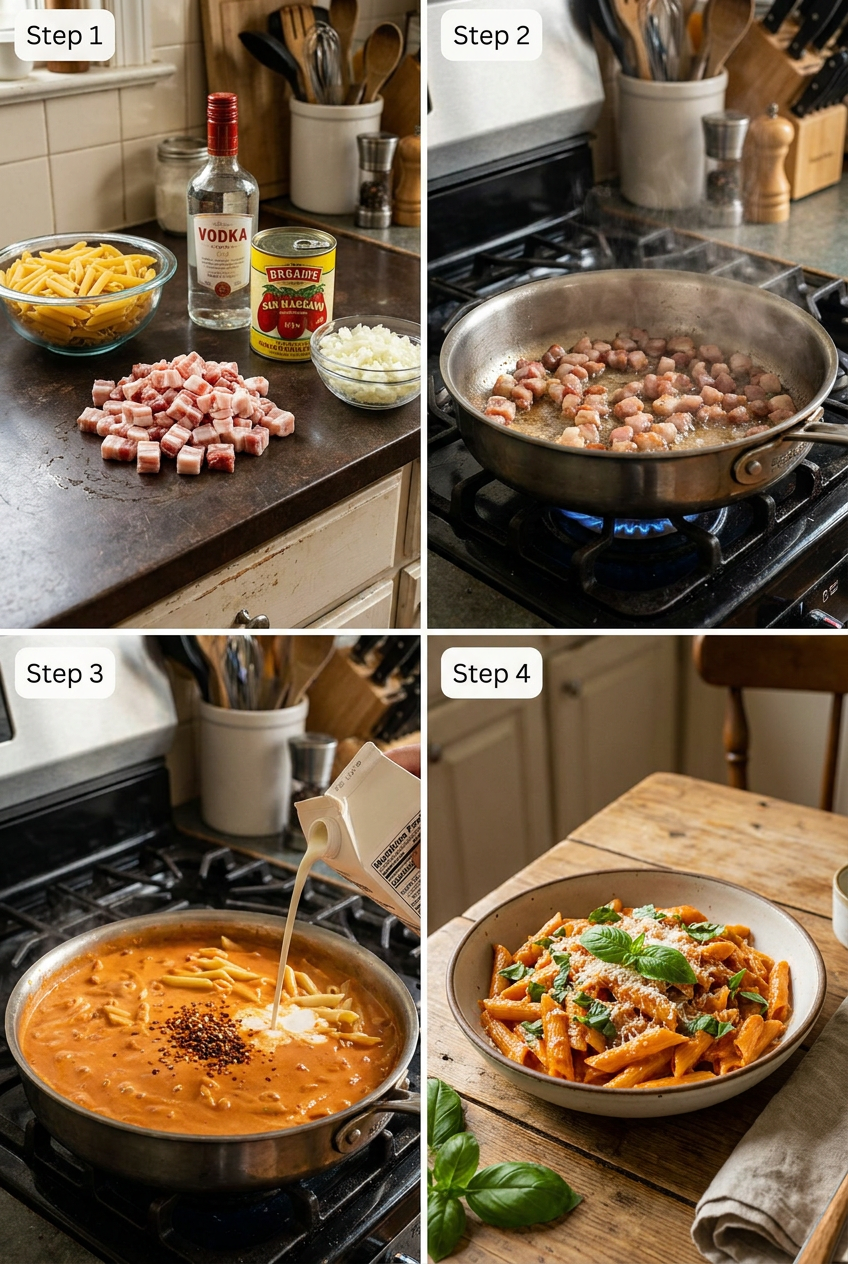 how to make Classic Penne alla Vodka with Pancetta step by step