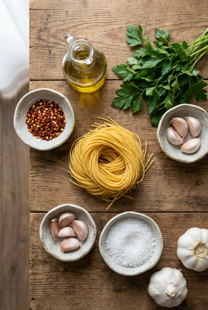 ingredients for Classic Spaghetti Aglio e Olio