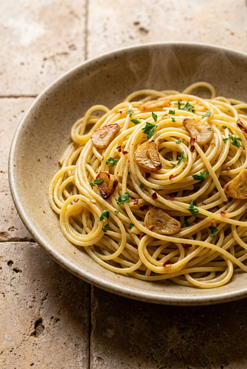 classic spaghetti aglio e olio recipe - Classic Spaghetti Aglio e Olio served in a white bowl overhead view