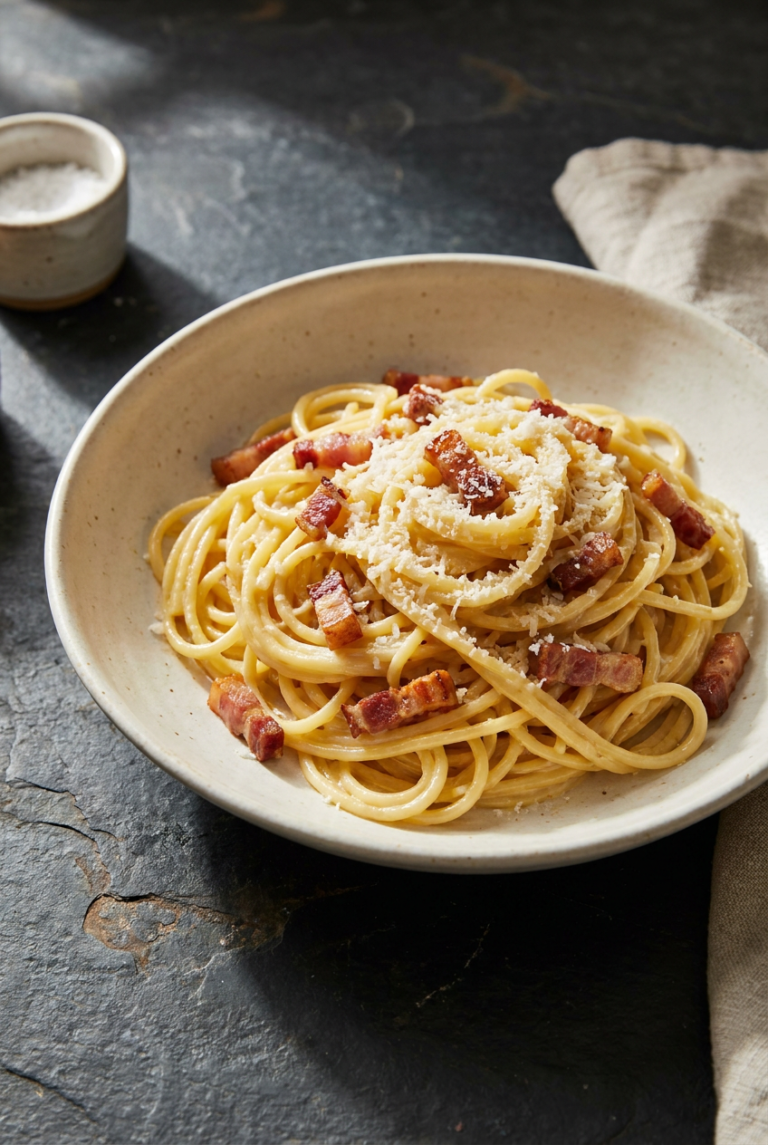 classic spaghetti carbonara recipe - Classic Spaghetti Carbonara served in a white bowl overhead view