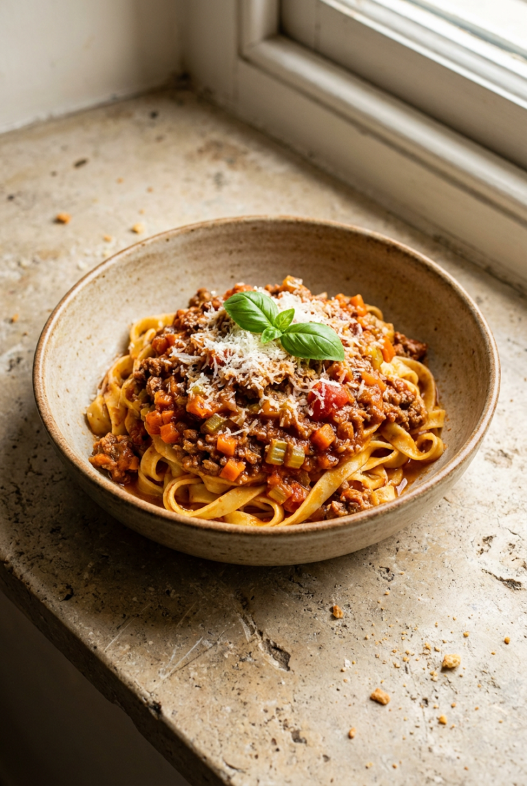 classic tagliatelle alla bolognese recipe - Classic Tagliatelle alla Bolognese served in a white bowl overhead view