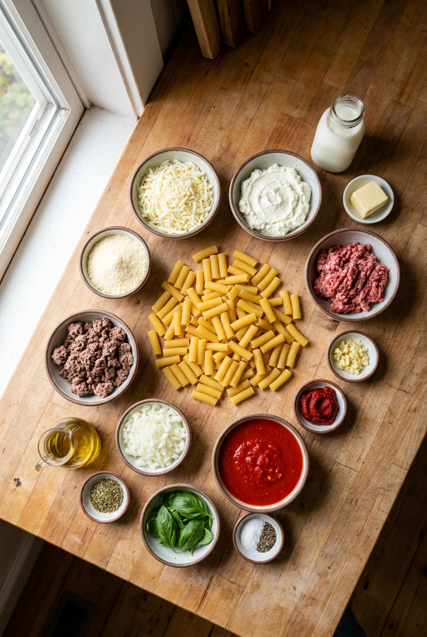 ingredients for Classic Three-Cheese Rigatoni Bake with Savory Meat Sauce